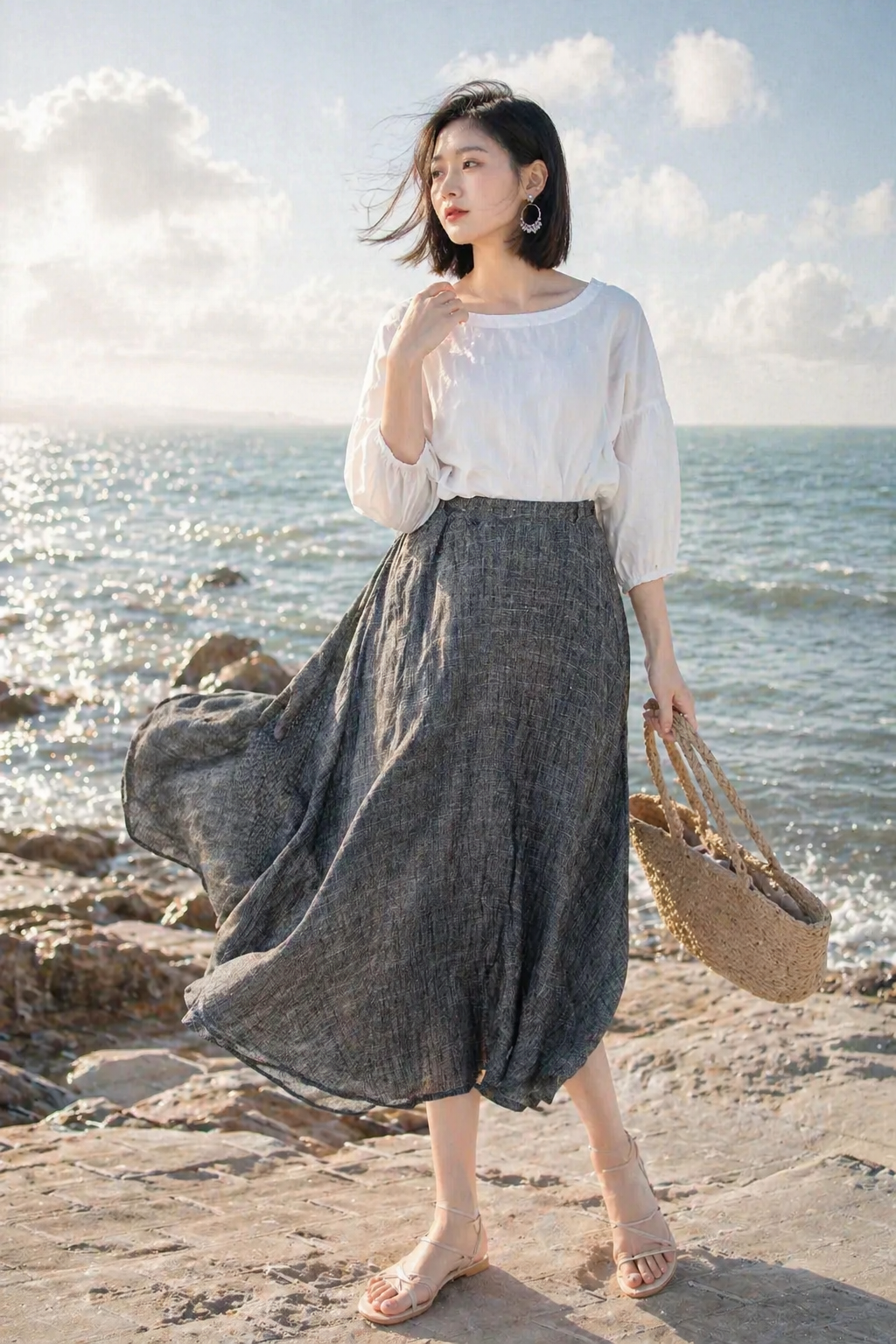 Handmade Gray Linen Skirt – Vintage A-Line Midi Skirt with Pockets | Xiaolizi 4899