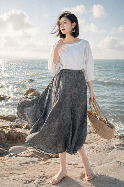 Handmade Gray Linen Skirt – Vintage A-Line Midi Skirt with Pockets | Xiaolizi 4899