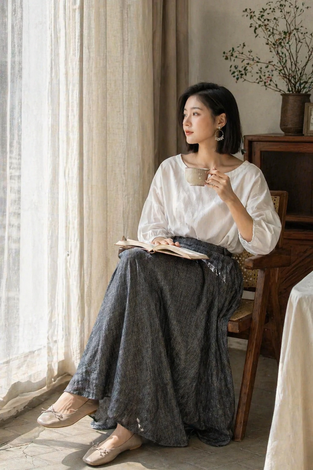 Handmade Gray Linen Skirt – Vintage A-Line Midi Skirt with Pockets | Xiaolizi 4899