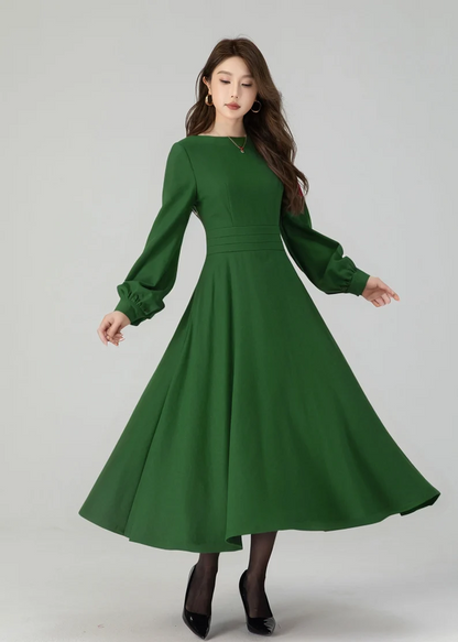 Green Wool Midi Dress - Lantern Sleeve, Swing Silhouette 4550