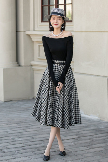 Black White Plaid Linen Skirt – High Waist Circle Midi Skirt 4901