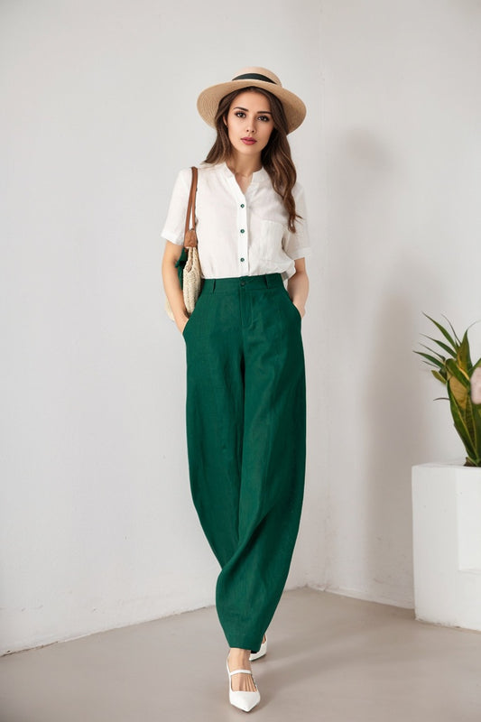 Long green Wide Leg Linen Pants 5902