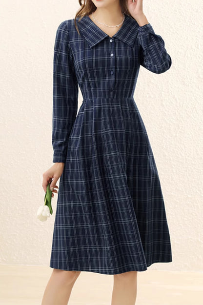 Blue Polyester Midi Dress - Plaid Pattern with Lapel Collar 4887