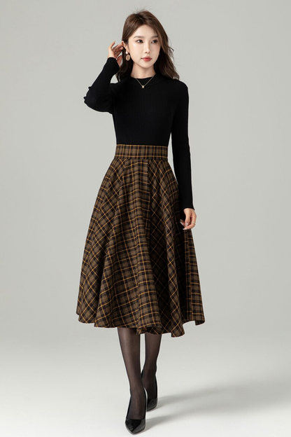 Brown Plaid Wool Midi Skirt – Vintage Swing High Waist Winter Skirt with Pockets 4498