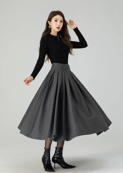 Deep Gray Wool Midi Skirt – Vintage High Waist Pleated Swing Skirt 4552