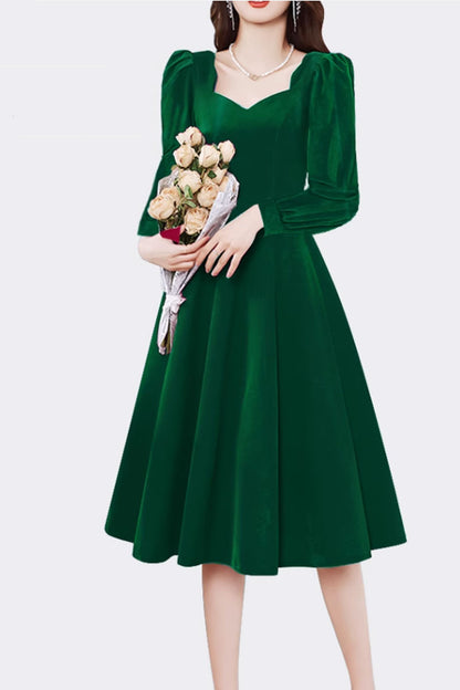 Emerald Green Velvet Fit and Flare Midi Dress - Heart Neckline 4797