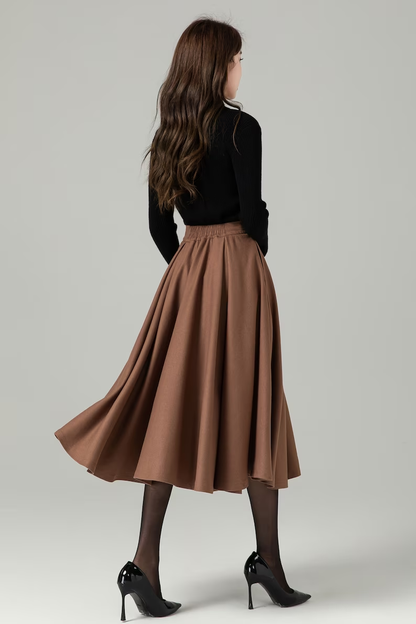 Brown Wool Blend Midi Skirt – Handmade A-Line Button Front Winter Elegance 4496