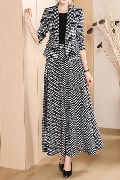 Black and White Polyester Skirt Suit - Fitted Waist Plaid Set 4598
