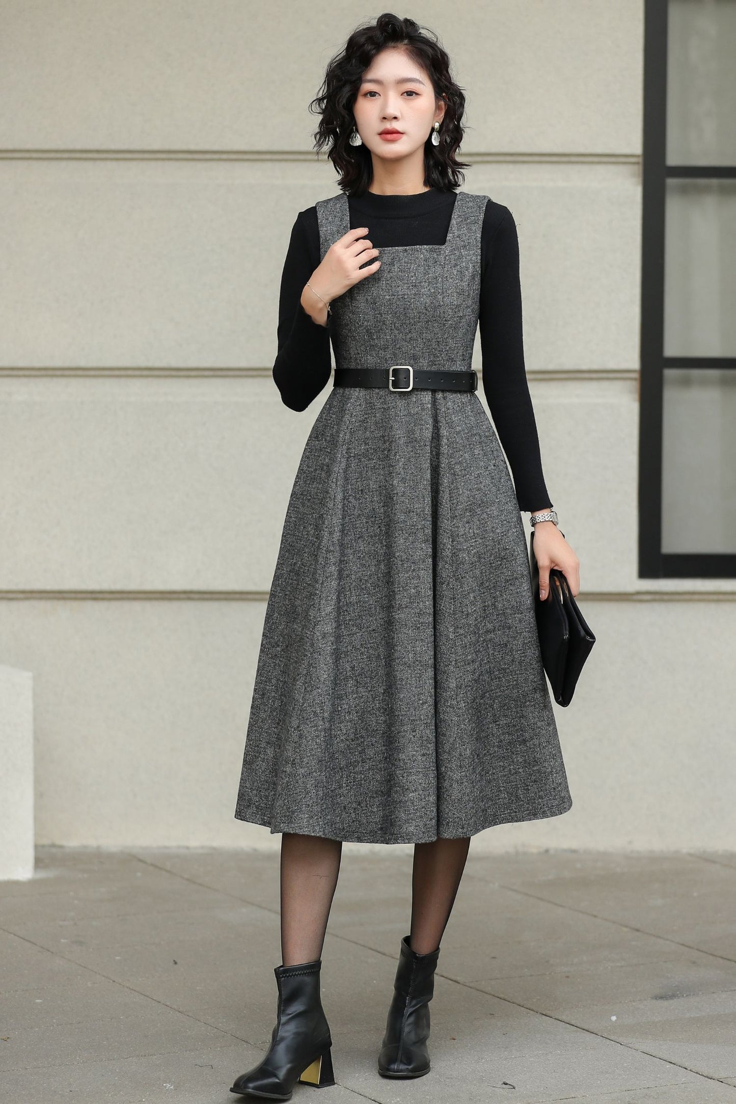 Handmade Wool Pinafore Dress – Gray Sleeveless Midi for Autumn Winter 6418