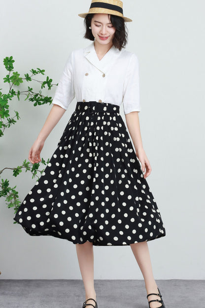 Black & White Polka Dot Polyester Midi Skirt - High-Waisted Pleated A-Line 5739