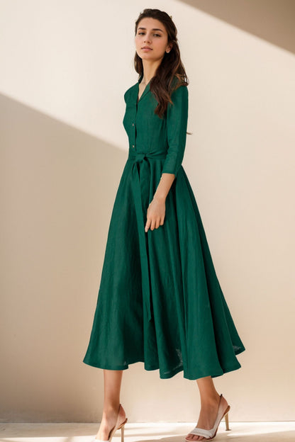 Green swing linen shirt dress for women 5122