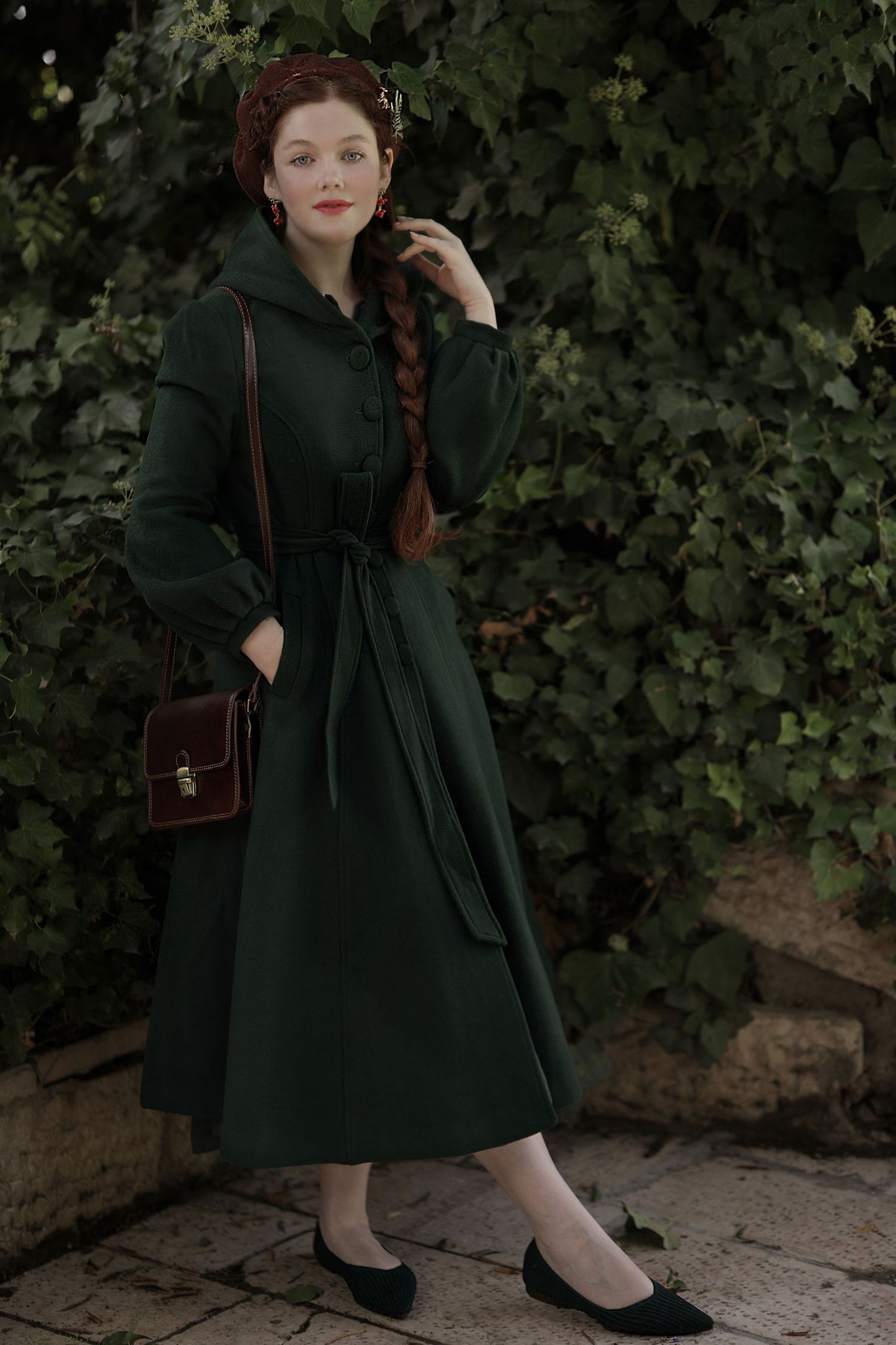 Long Dark Green Hooded Wool Coat 3870