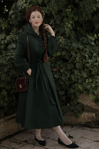 Dark Green Wool Blend Coat – Handmade Hooded Vintage Winter Elegance 3870