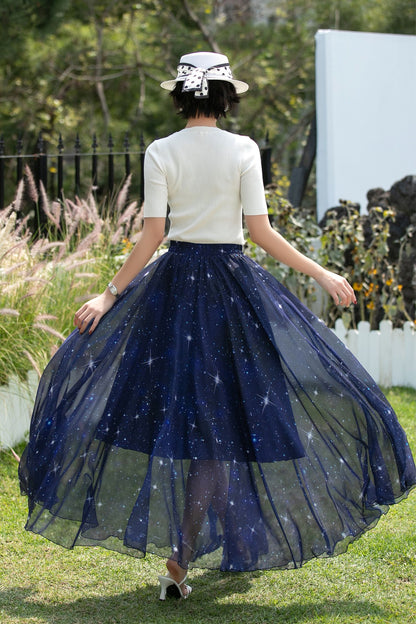 Navy Chiffon Maxi Skirt - Starry Sheer A-Line | Xiaolizi 6744