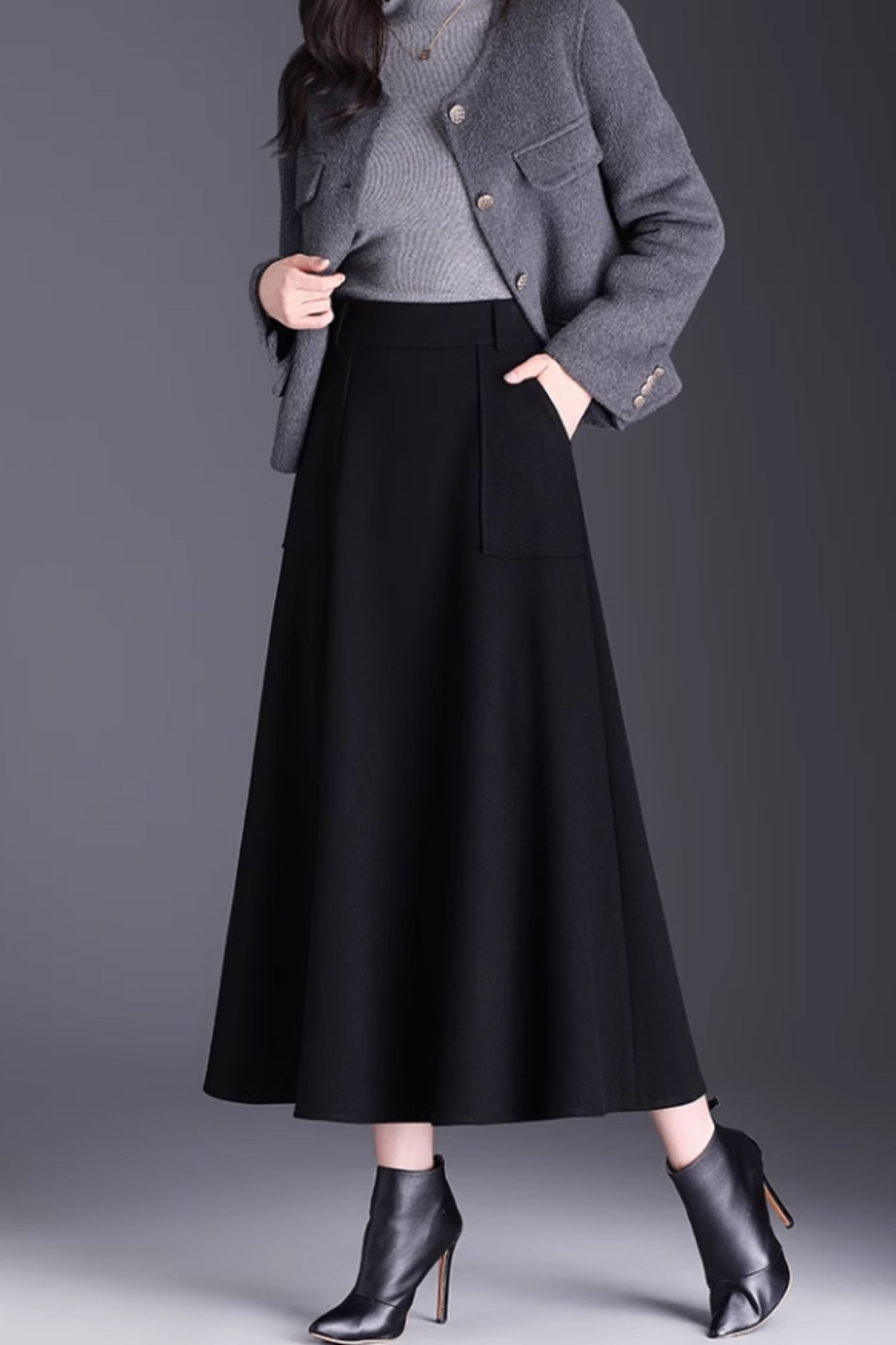 Brown Wool A-Line Midi Skirt with Pockets - Winter Warmth 6141