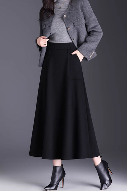 Brown Wool A-Line Midi Skirt with Pockets - Winter Warmth 6141