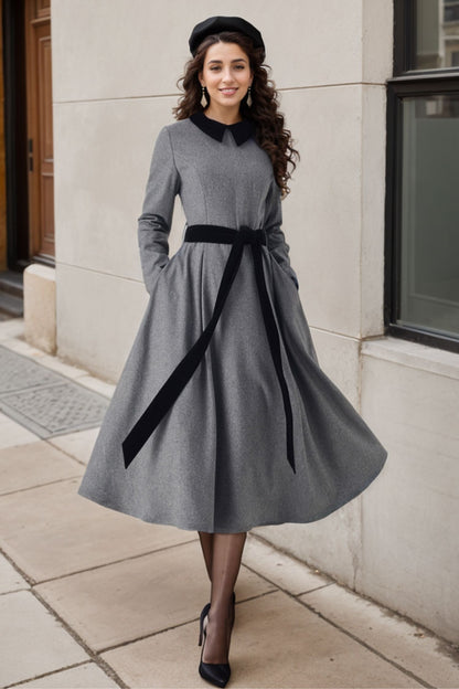Gray Wool Midi Dress - Fit and Flare Silhouette with Contrast Collar 5247