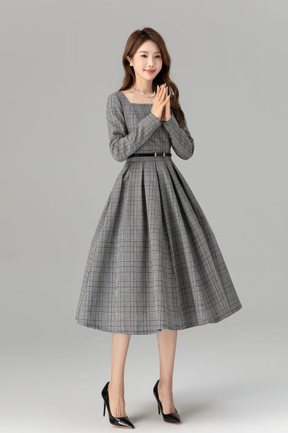 Plaid Linen Midi Dress - Swing Silhouette with Long Sleeves 4935