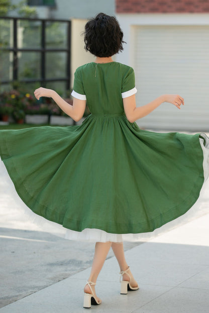 Green V-Neck Swing Midi dress with Waist Tie 5991 - S #CK2500302