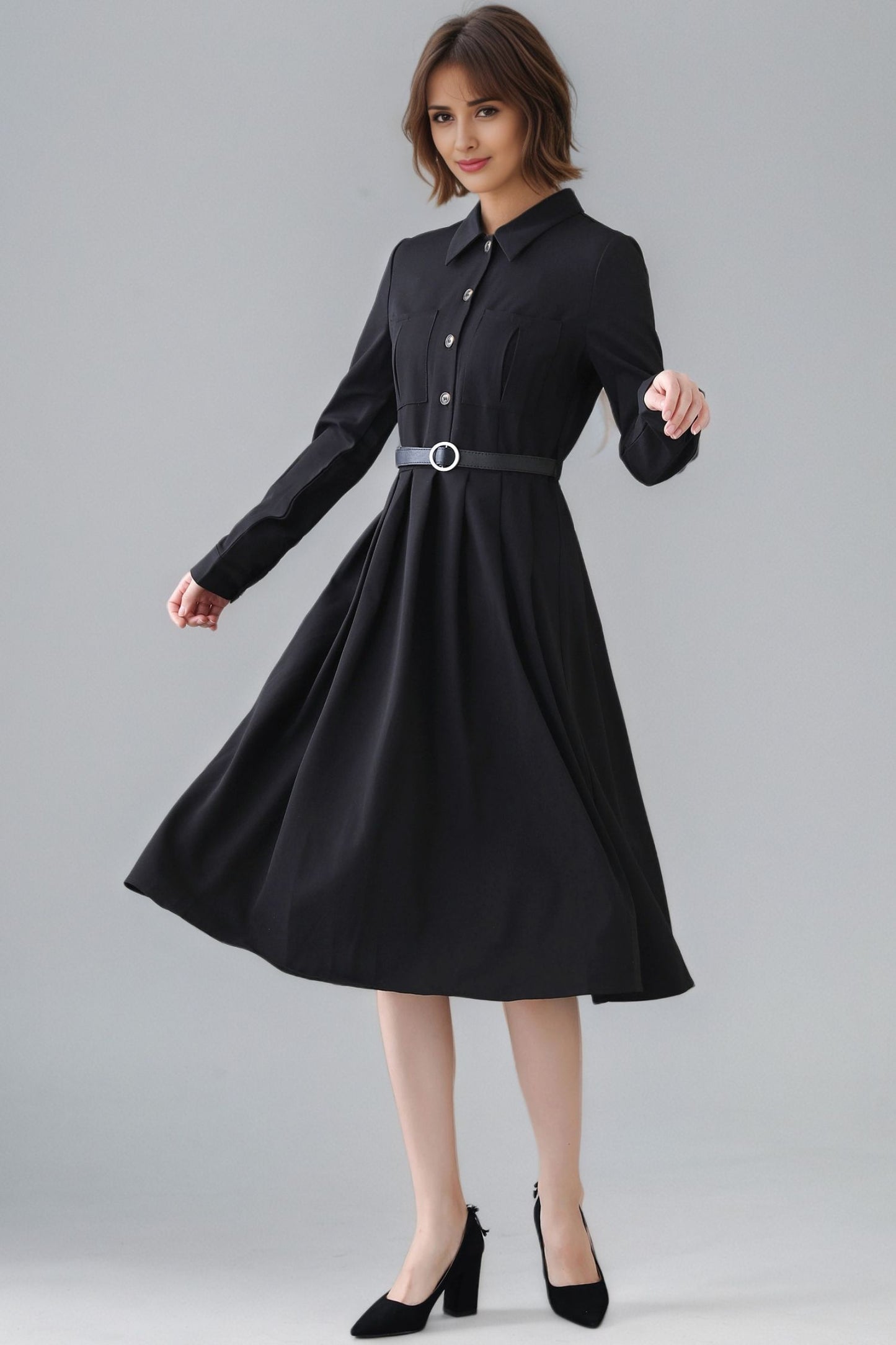 Xiaolizi Black Pleated Midi Dress – Vintage Long Sleeve Button Front Dress 6347