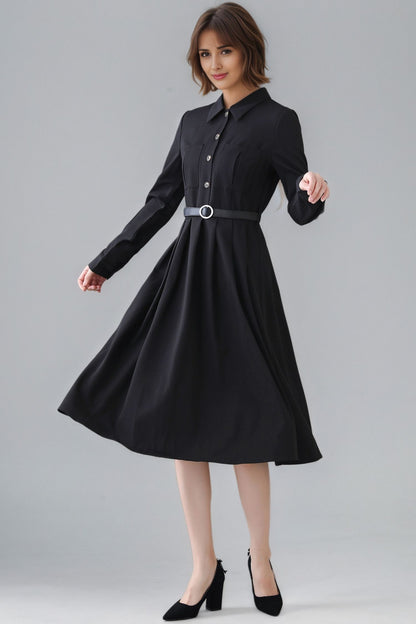 Xiaolizi Black Pleated Midi Dress – Vintage Long Sleeve Button Front Dress 6347