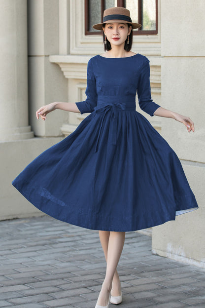Blue Linen Midi Dress - A-Line Silhouette with Back Button Detail 5747