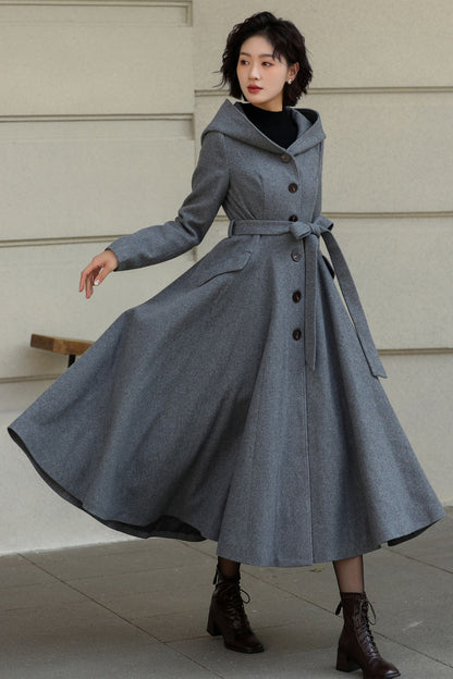Gray Wool Long Coat - Hooded, Tie Belt, Fitted Waist 6535