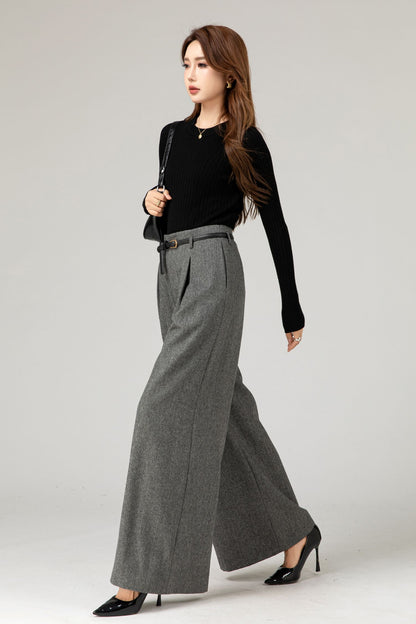 Gray Wool Wide-Leg Pants - High Waist Fitted | Xiaolizi 5482
