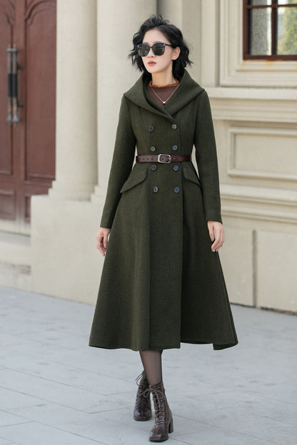 British Vintage Military Style Hooded Wool Coat for Women – Army Green Winter Overcoat 5461