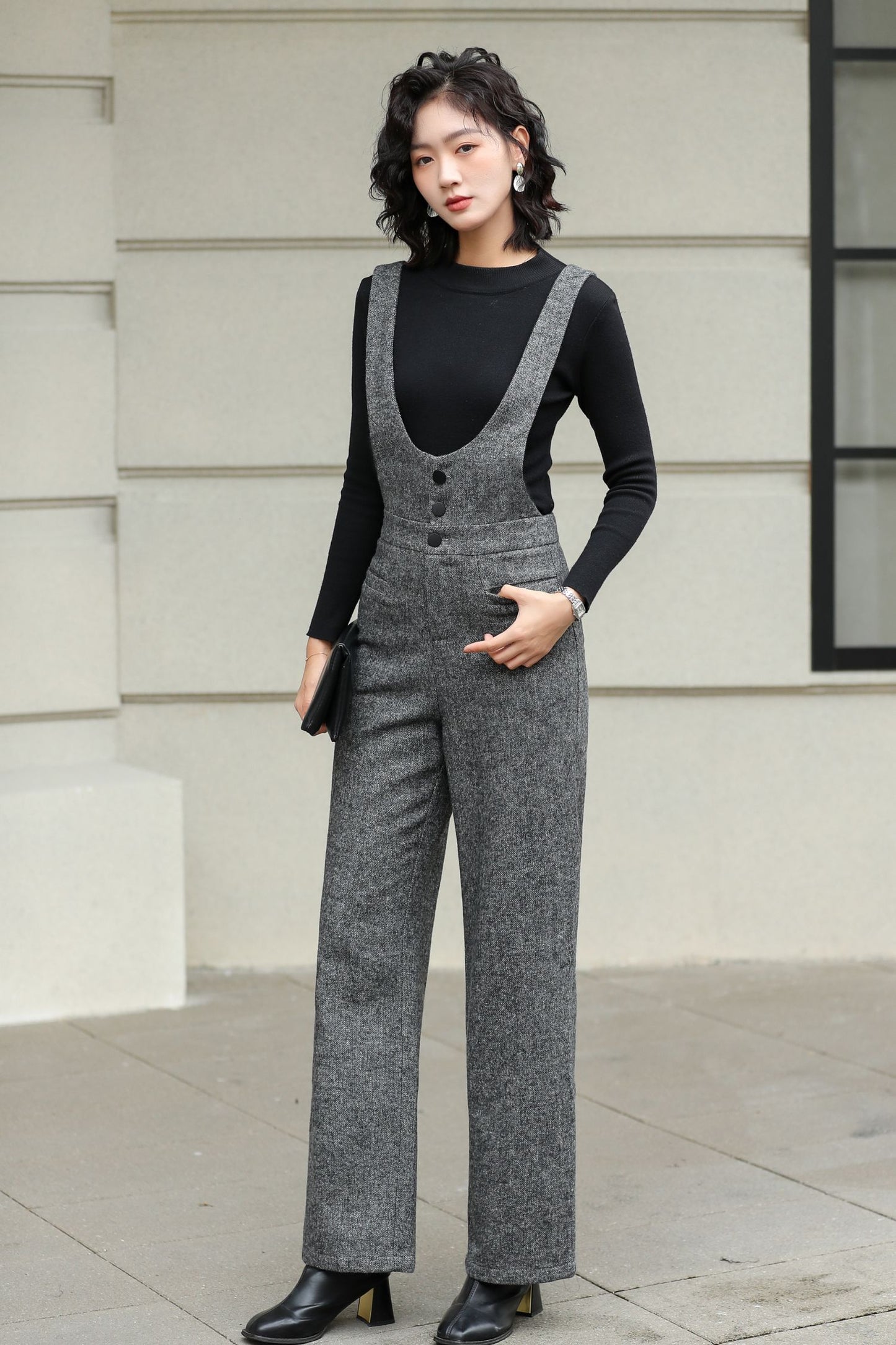 Long Suspender Wool Pants Women 6428