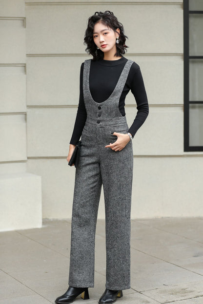 Gray Wool Suspender Pants - Tailored Wide Leg Elegance 6428