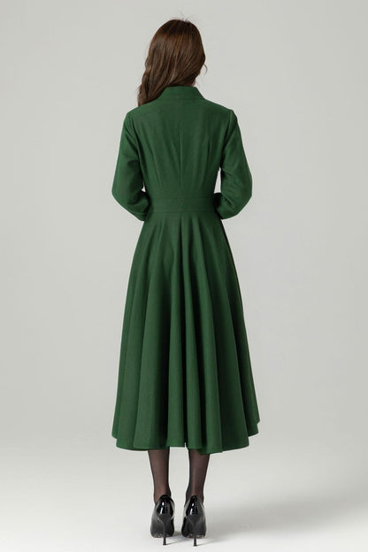 Green Wool Fit & Flare Dress - Vintage A-Line Long Sleeve | Xiaolizi 5273