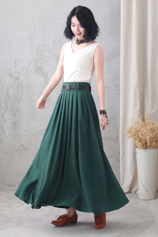 High waist Long pleated Swing skirt with pocket 3333