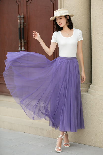 Purple Tulle Midi Skirt - Elastic Waist Boho Circle Swing | Xiaolizi 5111