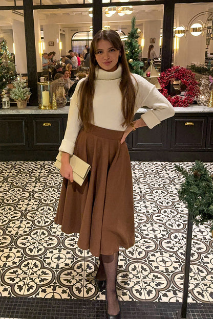 Brown Wool High Waist Flared Skirt - Pleated Circle Silhouette 4744