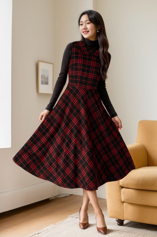 Sleeveless plaid winter wool dress 5478