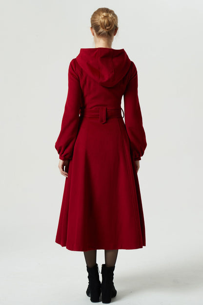 Burgundy Wool Coat Maxi Dress - Hooded, Lantern Sleeve, Tie Waist 1977