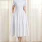 Little White Linen Swing Dress – Boat Neck Fit and Flare Midi 6627