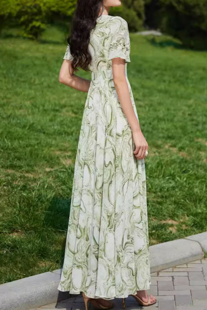 Green Chiffon Maxi Dress - V-Neck, Fitted Waist, Flowing Silhouette 5038