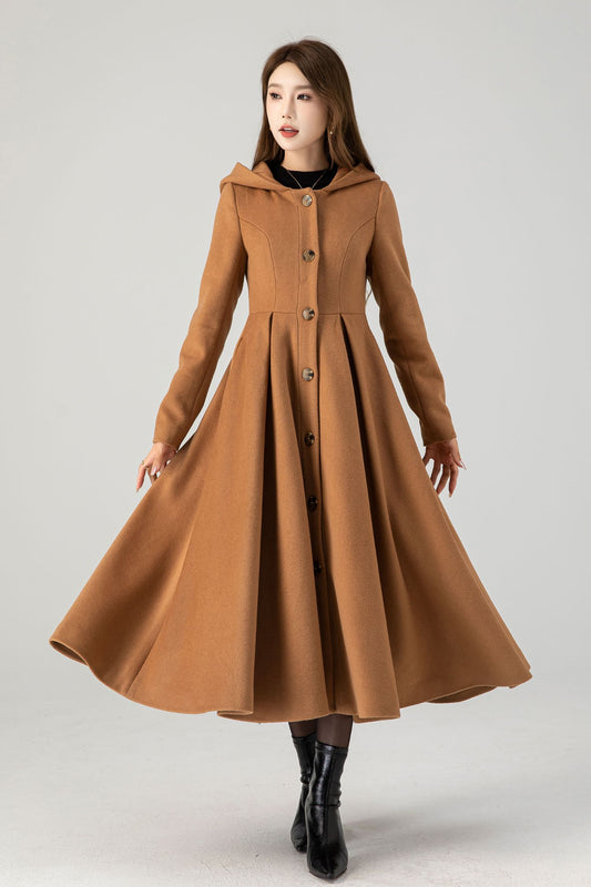 Hooded camel long swing wool coat women 4606