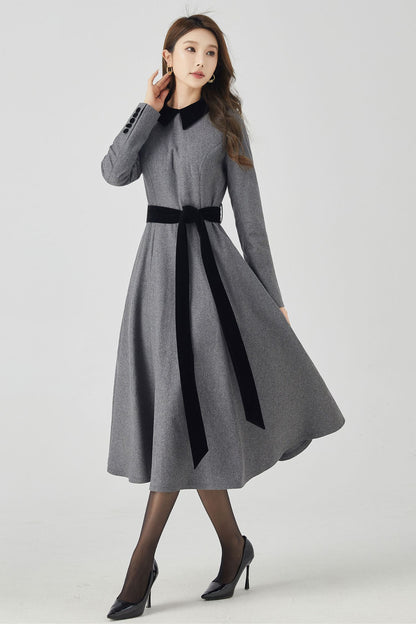 Gray Swing Fit and Flare Wool Dress 4524