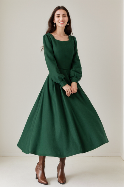 Vintage Wool Midi Dress – Dark Green A-Line Silhouette – 5236
