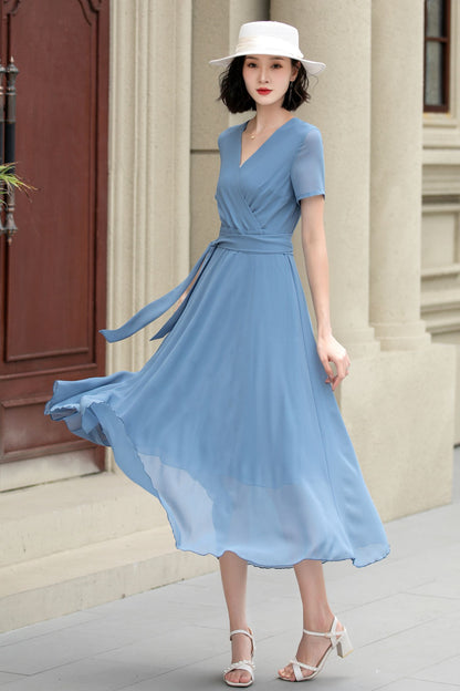 Light Blue Chiffon Dress – Fit & Flare Summer Swing Midi | Xiaolizi 5206