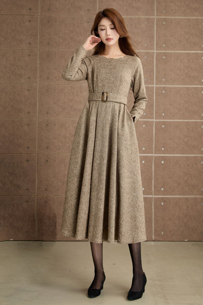Handmade Wool Blend Dress – Elegant Camel Midi with Pockets 5361