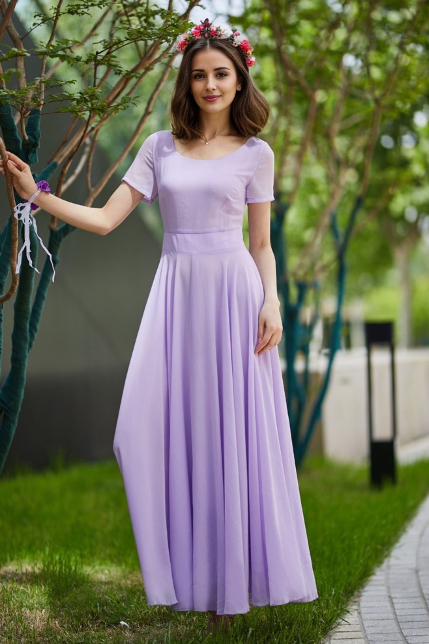 purple chiffon maxi dress, prom wedding dress 5822
