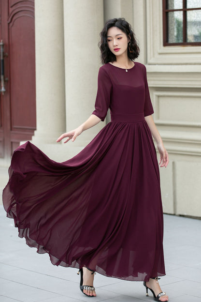 Burgundy Chiffon Fit & Flare Dress - Boat Neck Half Sleeve | Xiaolizi 5113