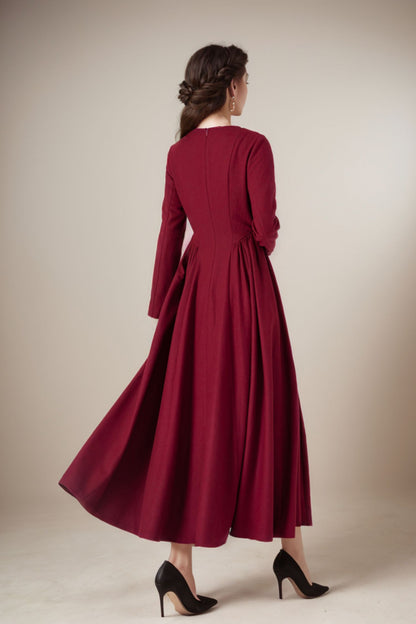 Fit and flare burgundy wool dress women 5235