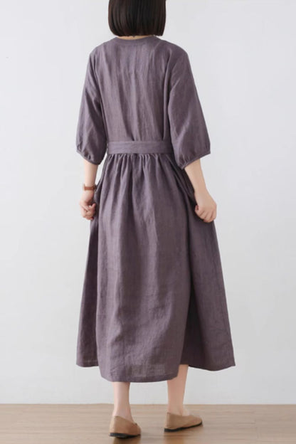 Purple Linen Midi Dress - Button Front with Tie Belt Waist 4832