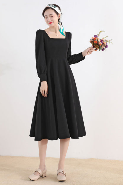 Black Linen Cotton Midi Dress - Square Neckline, Long Sleeve Swing 2514