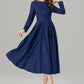 Long sleeves navy midi linen dress women 4925